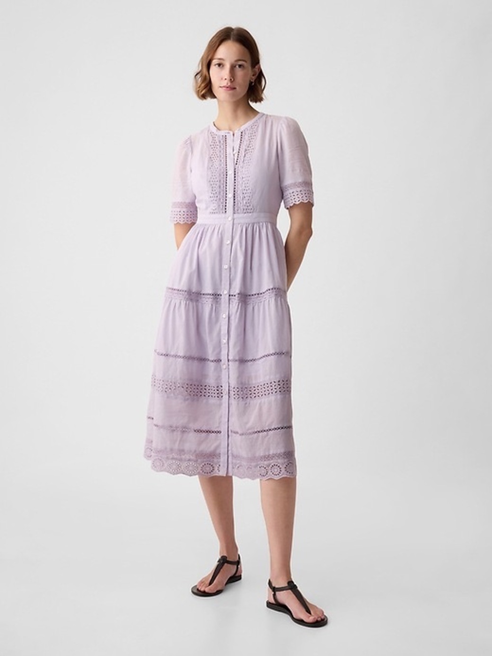Gap Lace Midi Dress Size Medium button front petal purple 100% cotton Casual